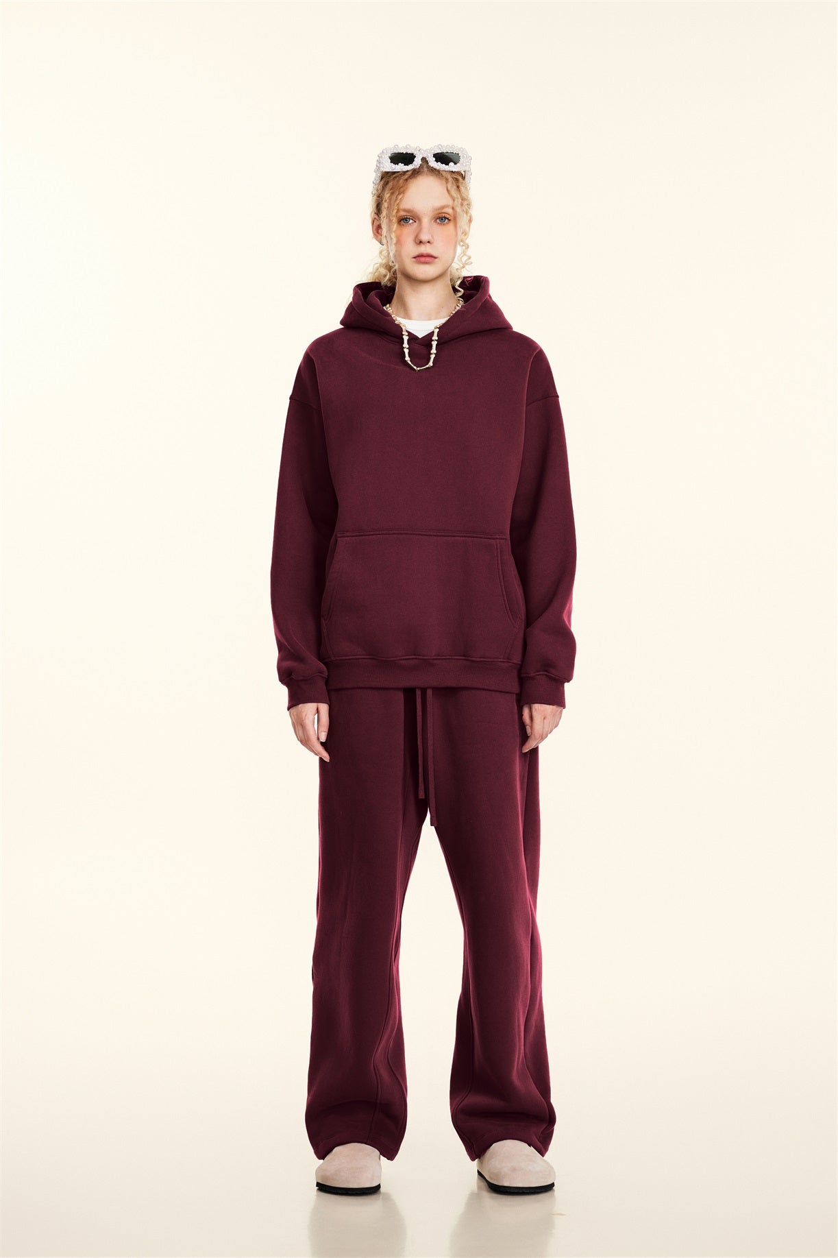 345GSM Women's Heavyweight Solid-Color Hoodie Dark Red
