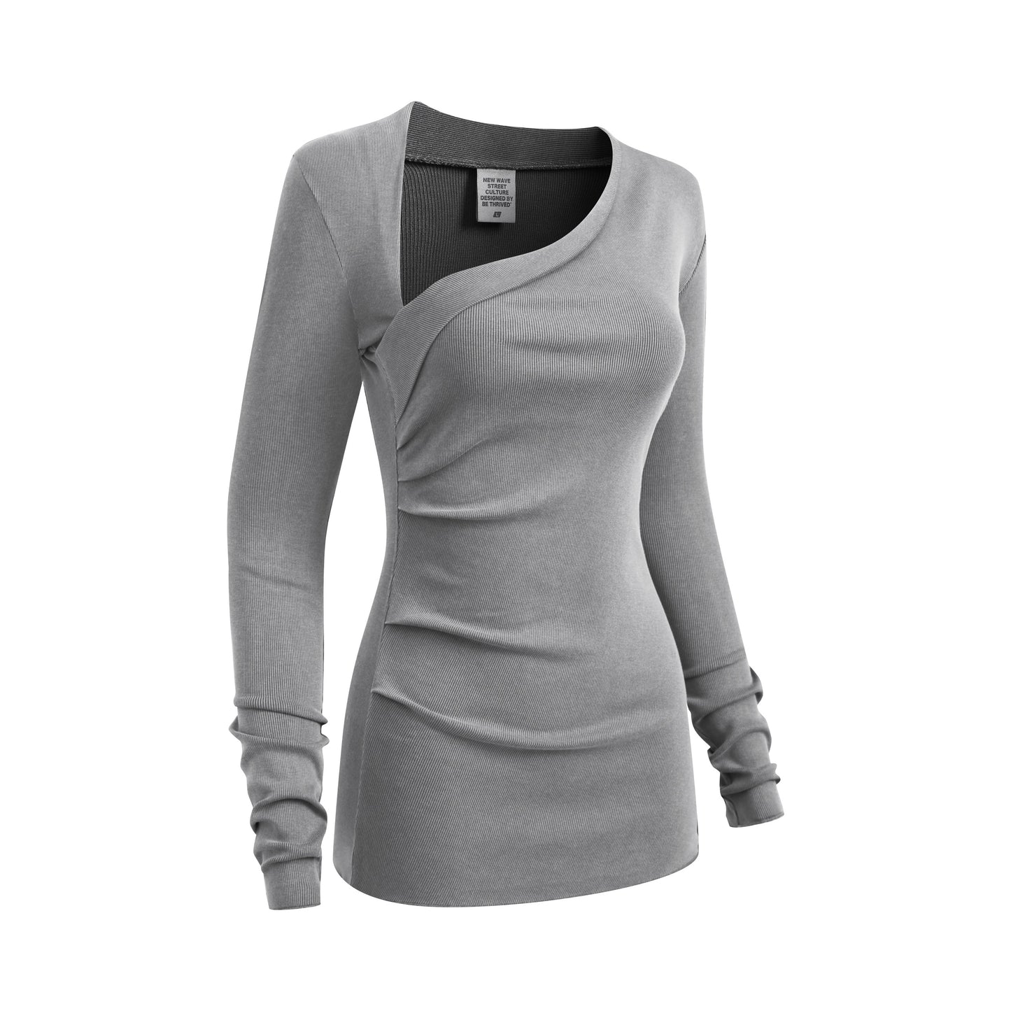 275GSM Women’s Slim-Fit Asymmetrical Shoulder Pigment-Wash Long-Sleeve Medium gray