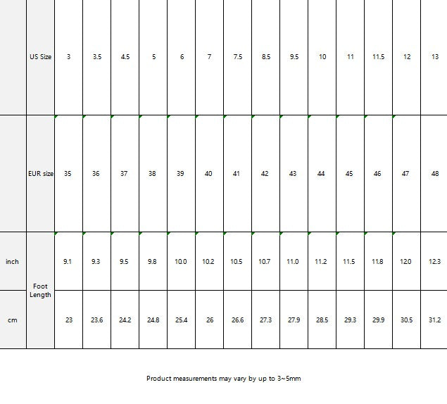 Size chart for luxury athletic shoes men by Munsieur showing US, EUR sizes with foot length in inches and cm