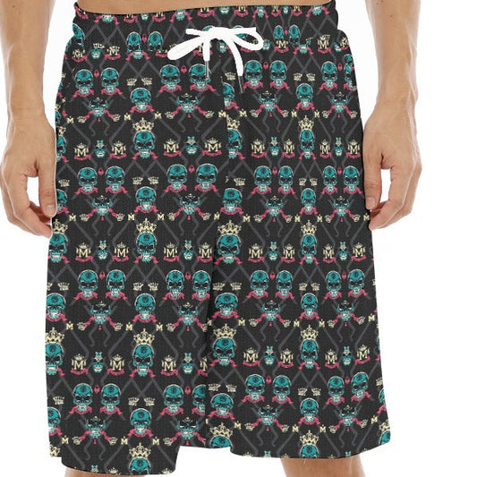Munsieur luxury casual men's shorts with colorful skull pattern and white drawstring waist