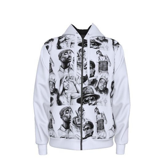 Munsieur luxury graphic hoodie for men featuring black and white artistic portraits on white fabric