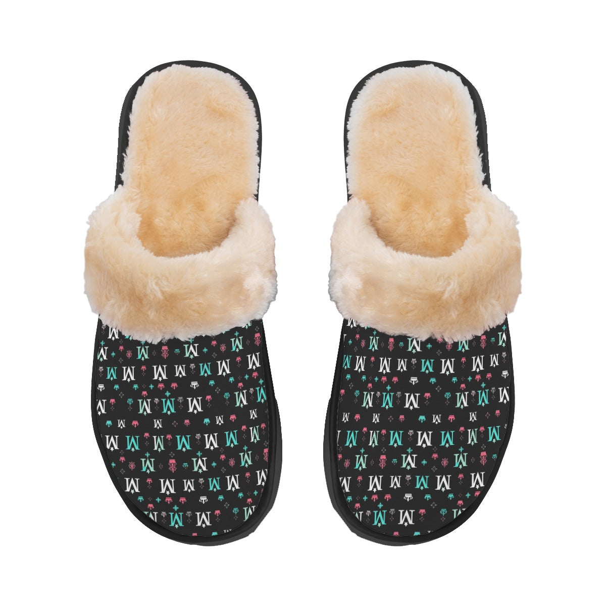Munsieur luxury indoor slippers for women with black patterned exterior and soft beige faux fur lining