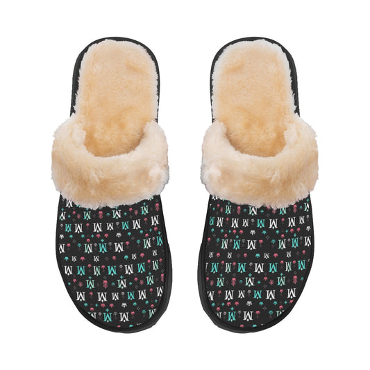 Munsieur luxury indoor slippers for women with black patterned exterior and soft beige faux fur lining