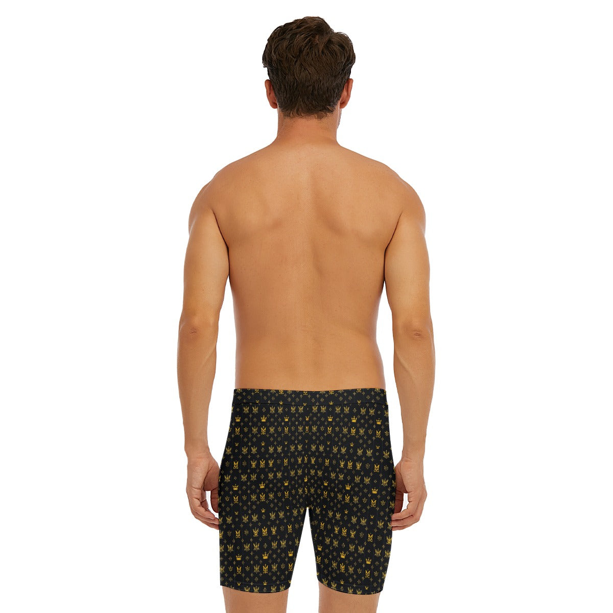 Back view of man wearing black and gold patterned luxury men's boxer briefs by Munsieur