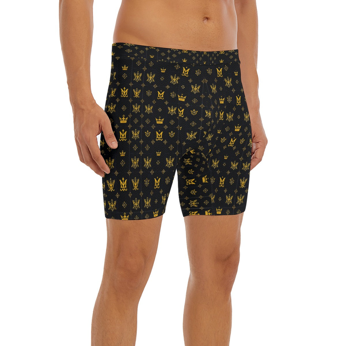 Munsieur luxury men's boxer briefs in black with gold crown and emblem pattern