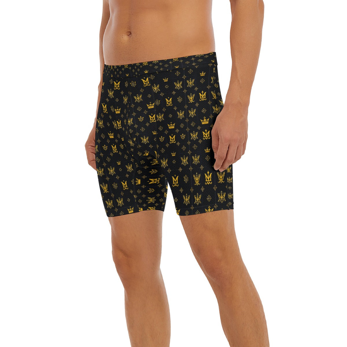 Munsieur luxury men's boxer briefs in black with gold crown and emblem pattern on male model