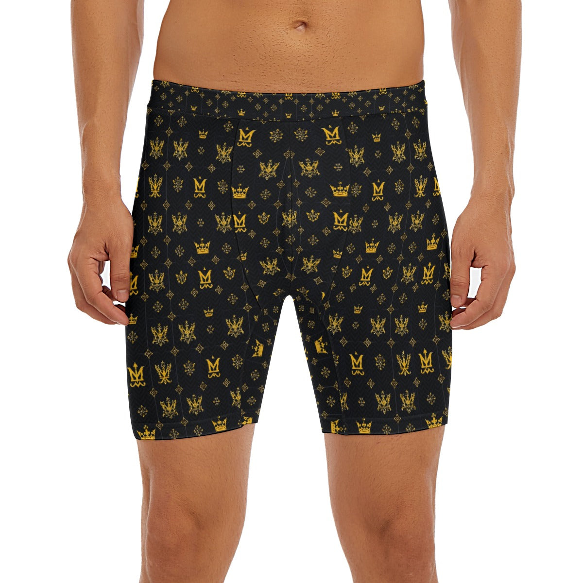 Munsieur luxury men's boxer briefs in black with gold royal pattern and comfortable fit