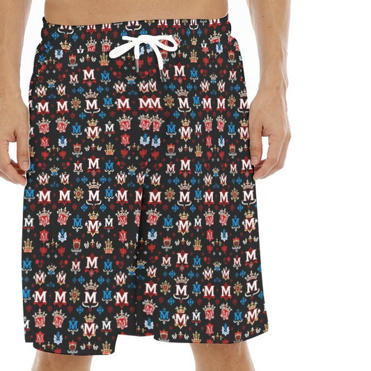Munsieur luxury men's fashion shorts with multicolor pattern and white drawstring on male model