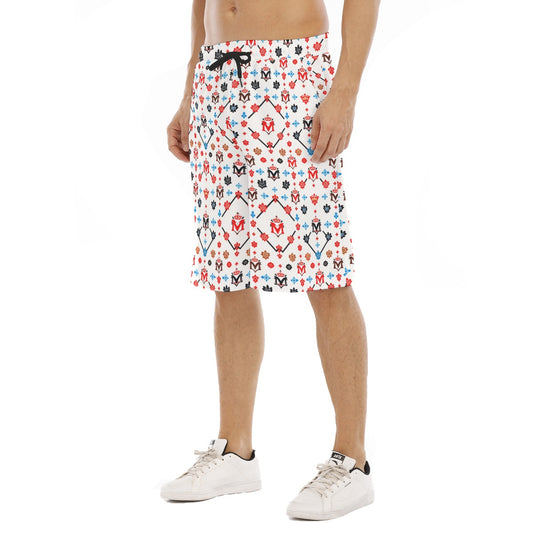 Munsieur luxury men's gym shorts urban style with white base and red blue geometric pattern