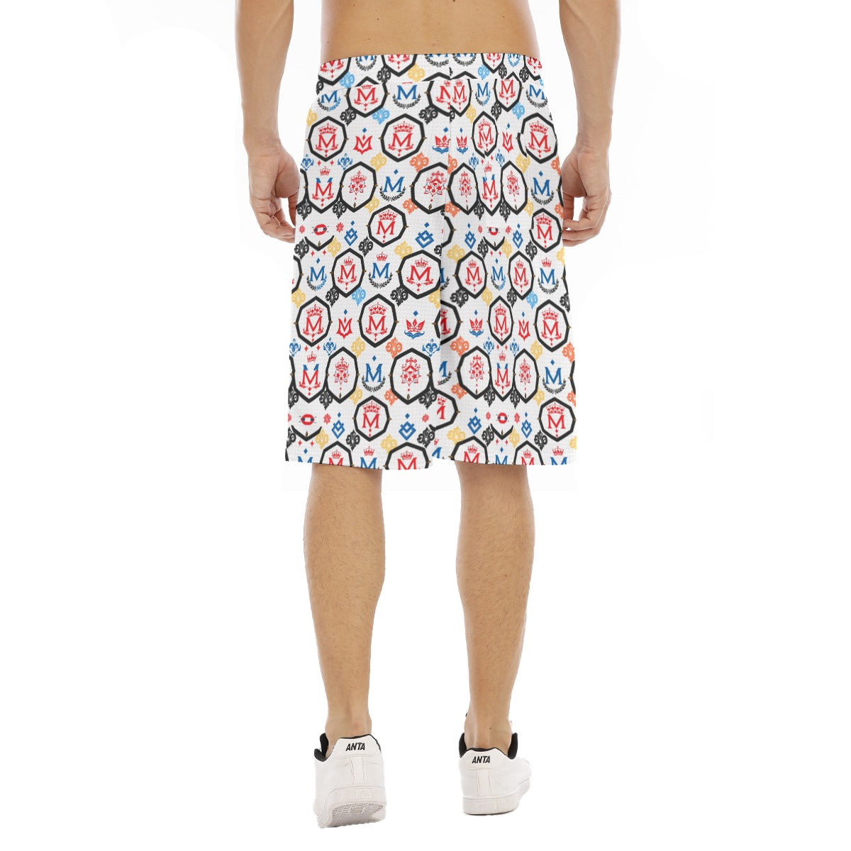 Back view of luxury men's shorts for summer with colorful Munsieur logo pattern and elastic waistband