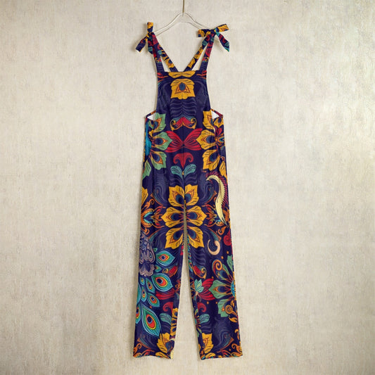 Munsieur luxury printed jumpsuit sale with colorful floral and peacock feather design hanging on wall