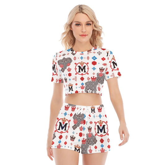 Luxury printed women's matching set by Munsieur featuring a colorful patterned crop top and shorts