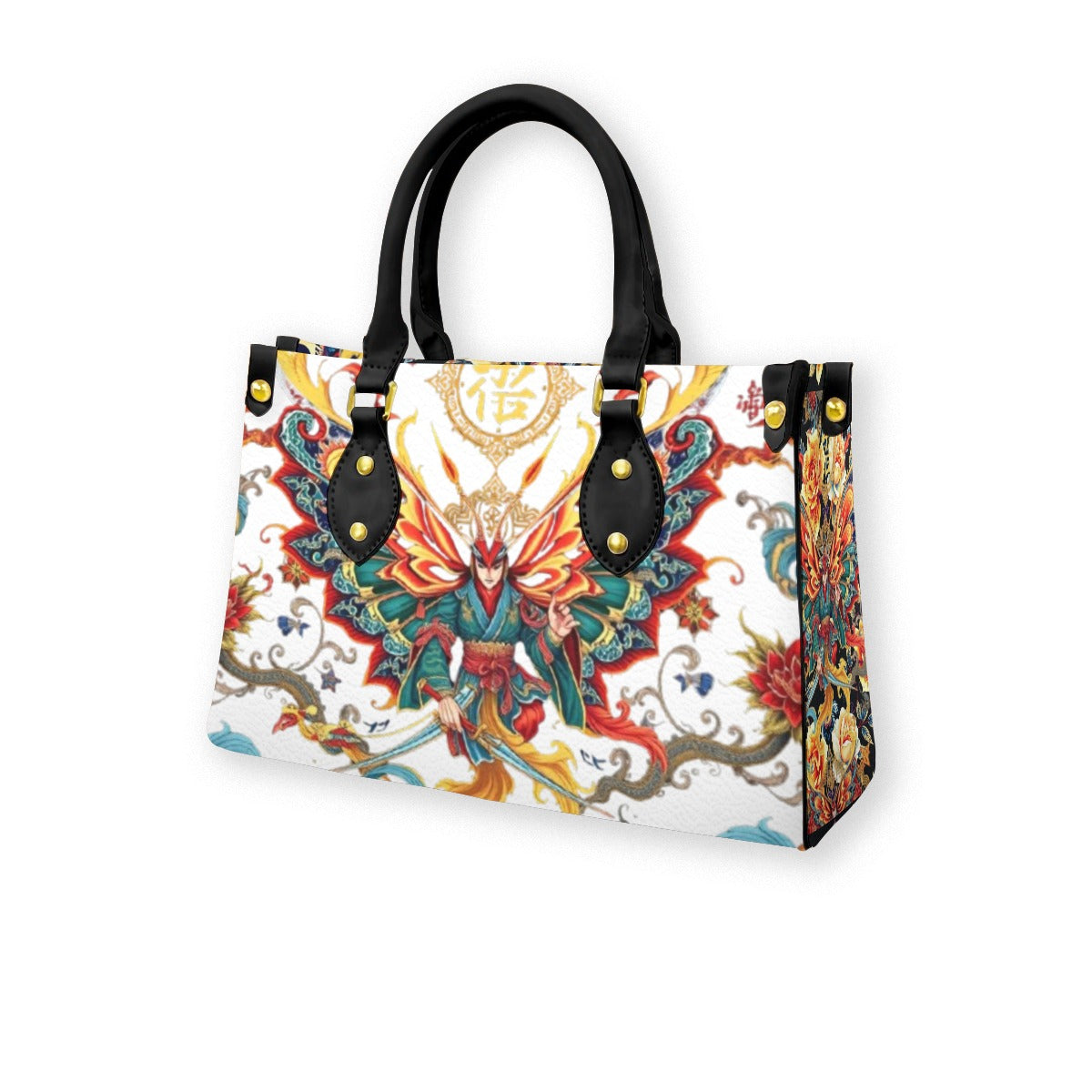 Munsieur luxury purse with black handle featuring colorful intricate butterfly and floral design