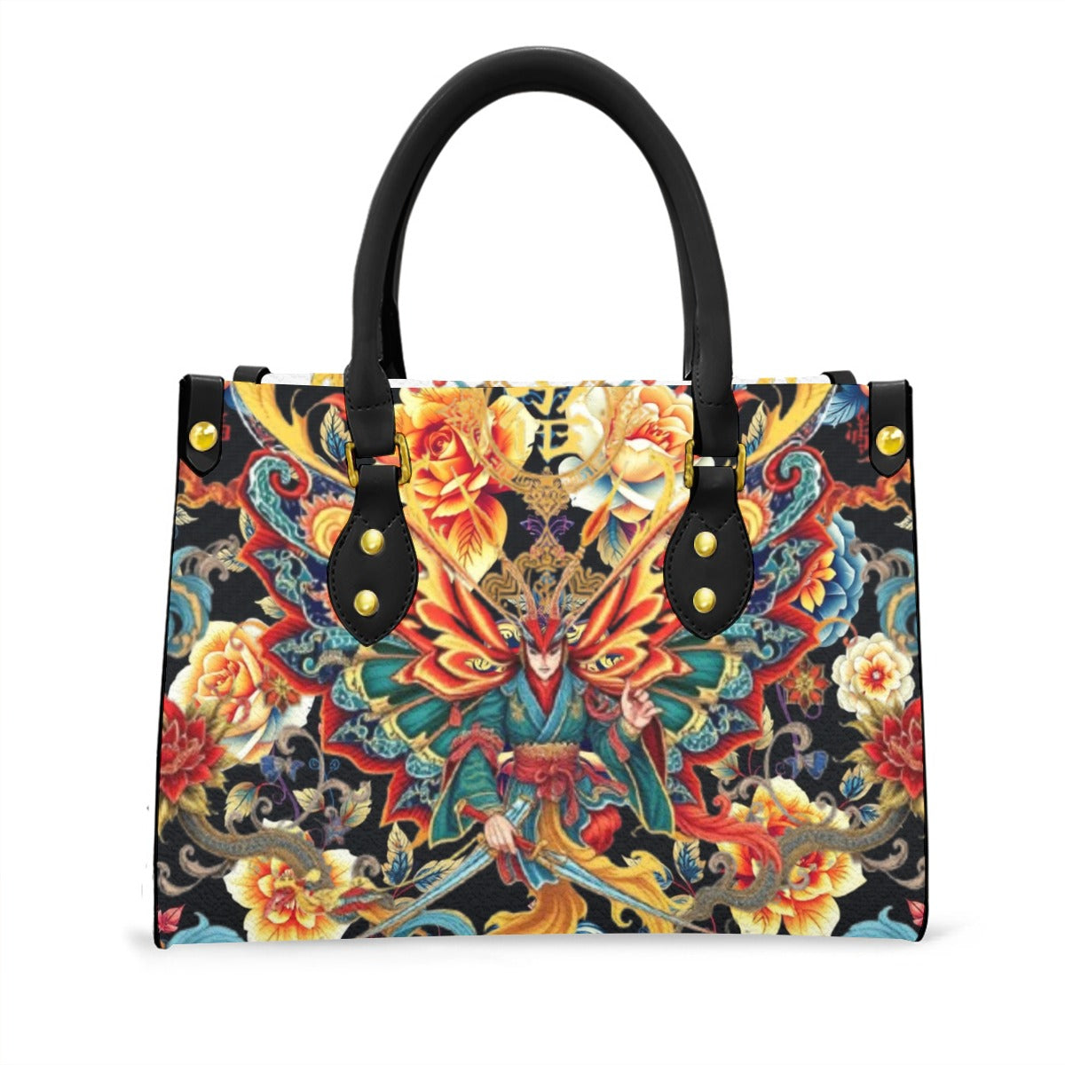Luxury purse with black handle featuring intricate colorful floral and butterfly design by Munsieur