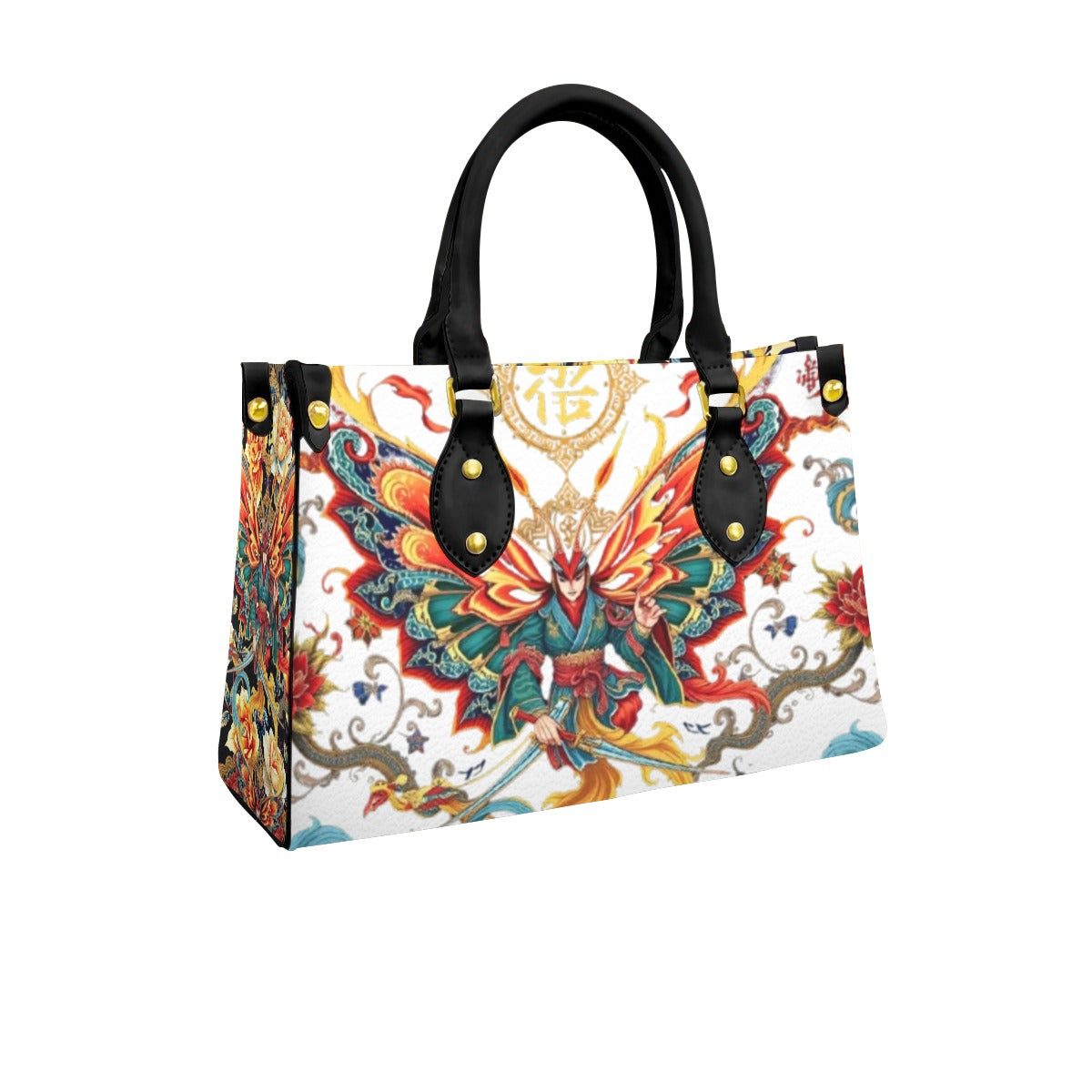 Munsieur luxury purse with black handle featuring colorful dragon and warrior design on white background