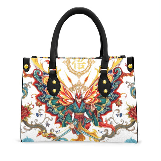 Luxury purse with black handle featuring vibrant artistic butterfly warrior design and gold accents