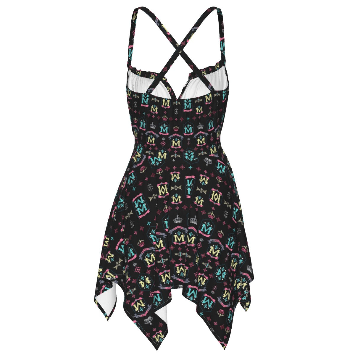 Munsieur black luxury street style dress for women with colorful logo print and crisscross straps