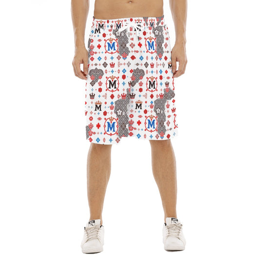 Munsieur luxury streetwear athletic shorts with white base and multicolor logo print design
