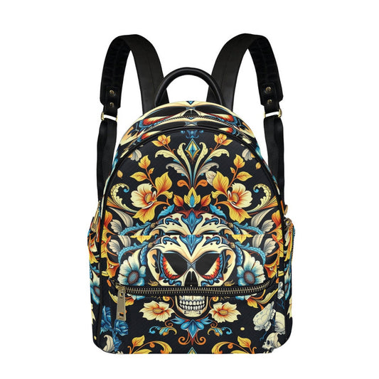 Munsieur luxury streetwear backpack with colorful floral and skull design and black straps