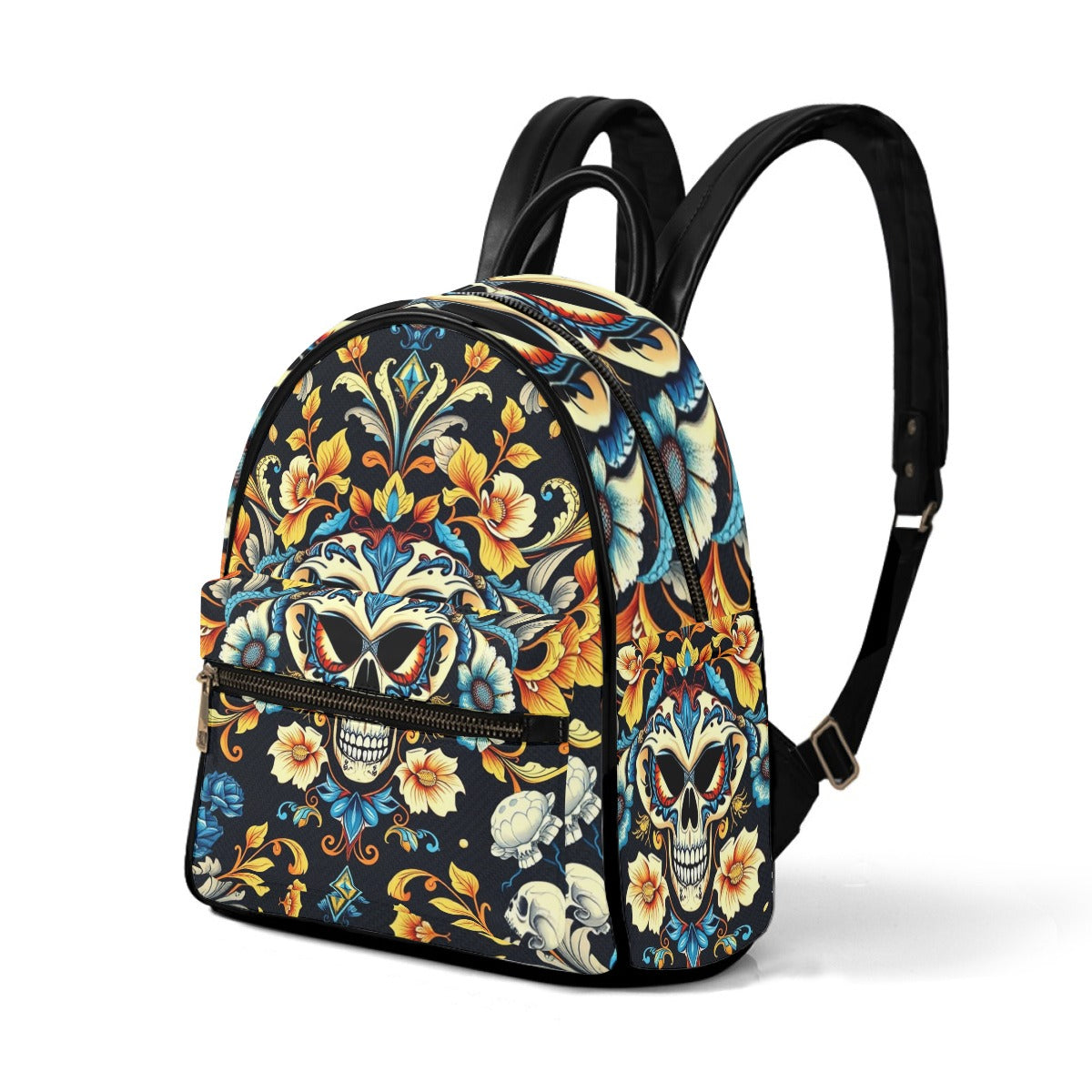 Munsieur luxury streetwear backpack with colorful skull and floral print design and adjustable black straps
