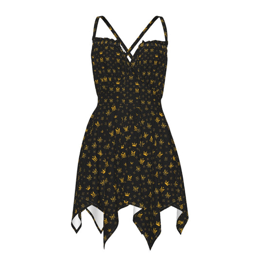 Munsieur black and gold patterned luxury streetwear dress with spaghetti straps and handkerchief hem
