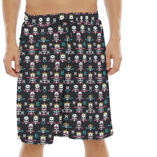 Munsieur luxury streetwear graphic shorts with skull and crown pattern on black fabric