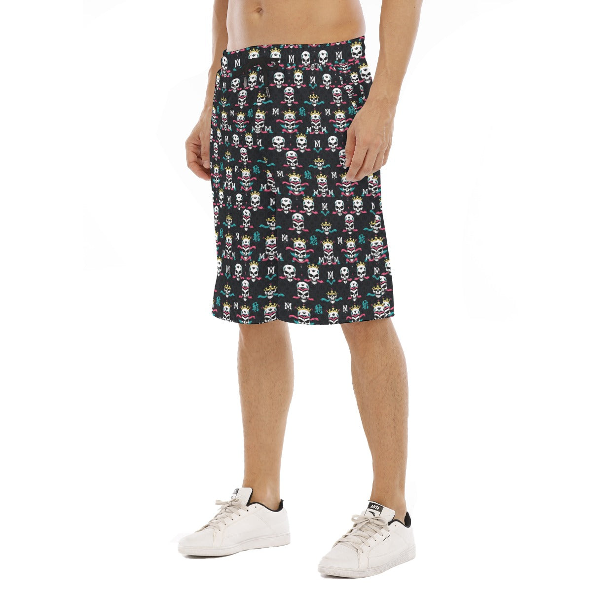 Munsieur luxury streetwear graphic shorts with colorful skull and crown patterns on black fabric