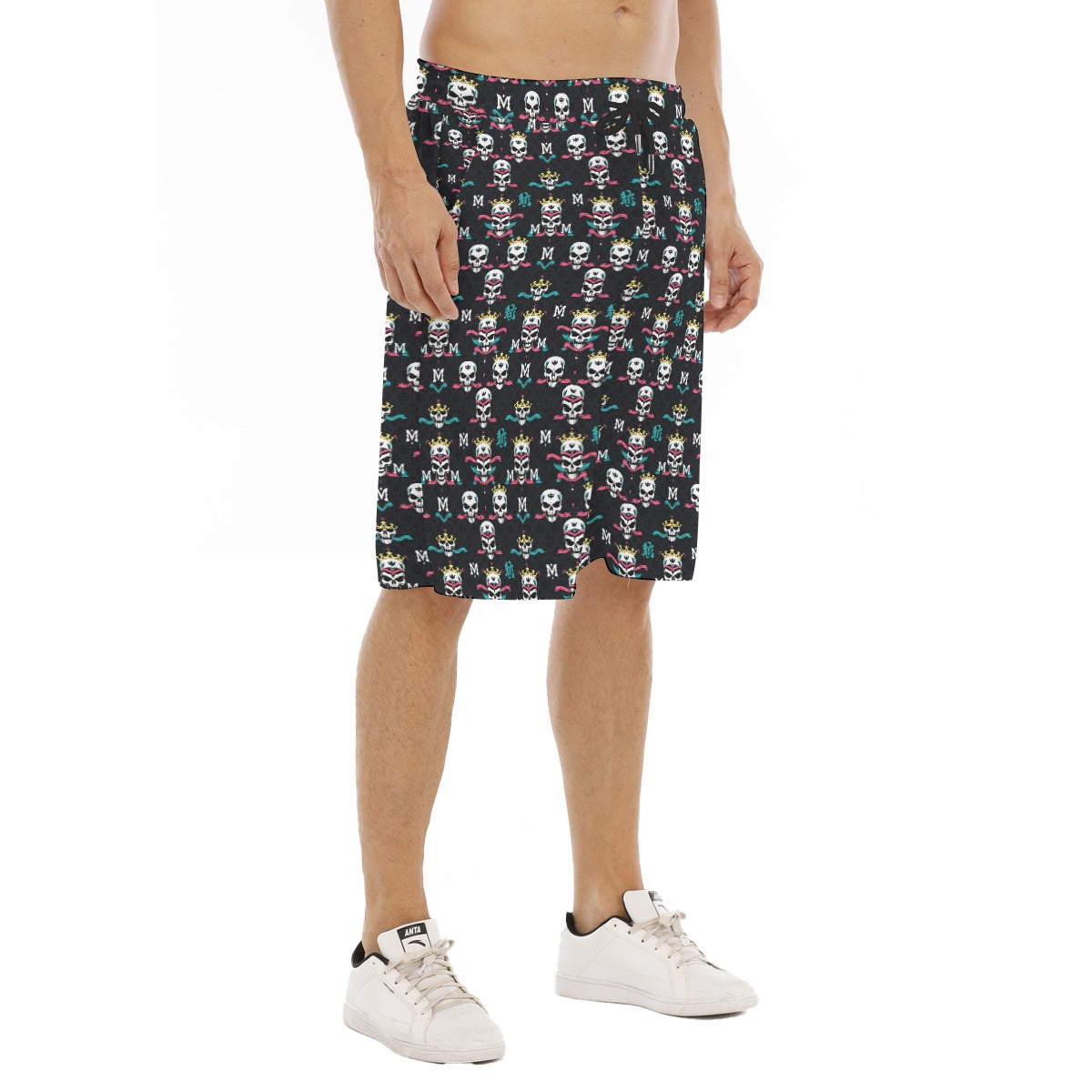 Munsieur luxury streetwear graphic shorts featuring colorful skull and skeleton patterns on black fabric