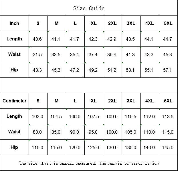 Size guide chart for luxury streetwear joggers showing measurements in inches and centimeters for sizes S to 5XL