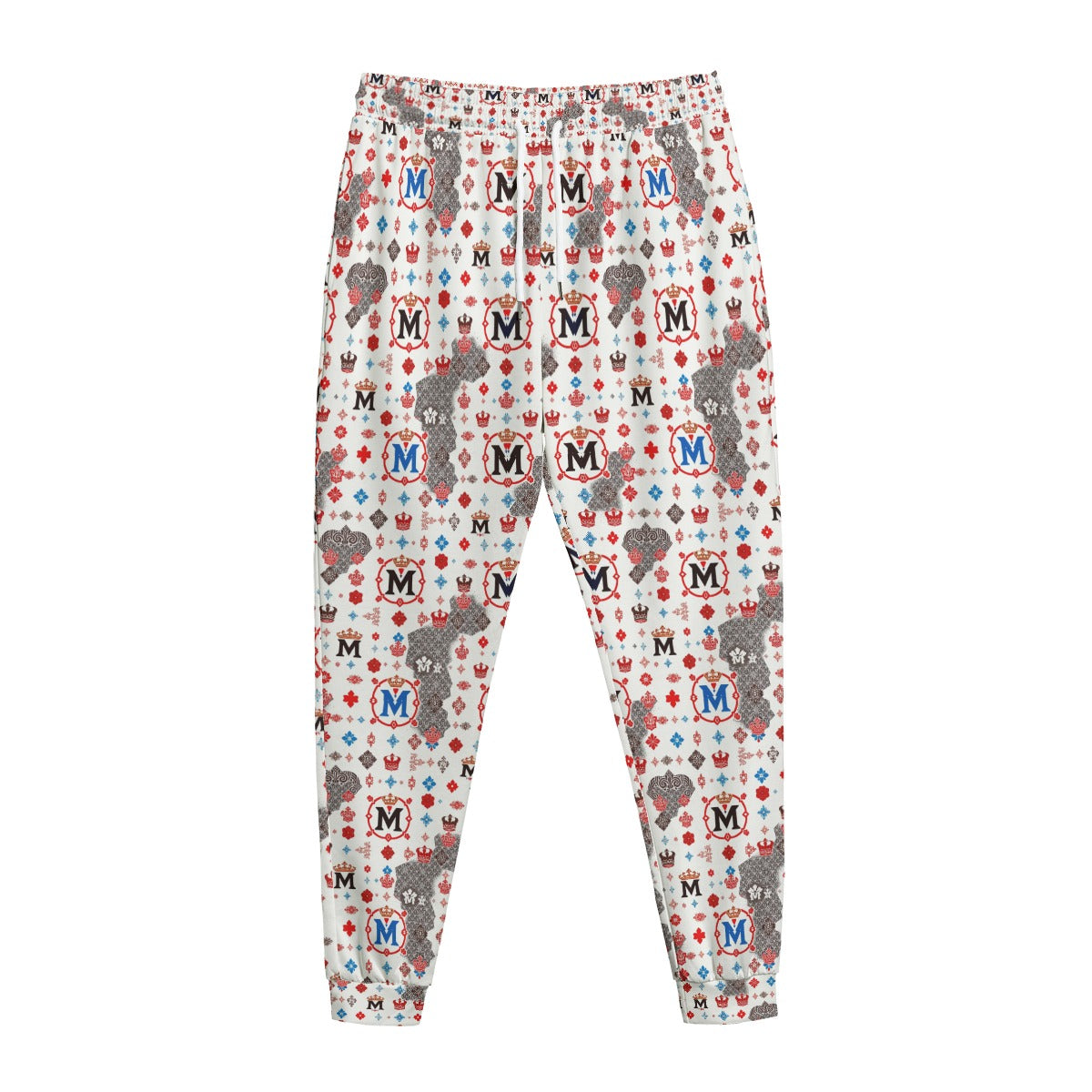 Munsieur luxury streetwear joggers with multicolor logo and crown pattern on white background