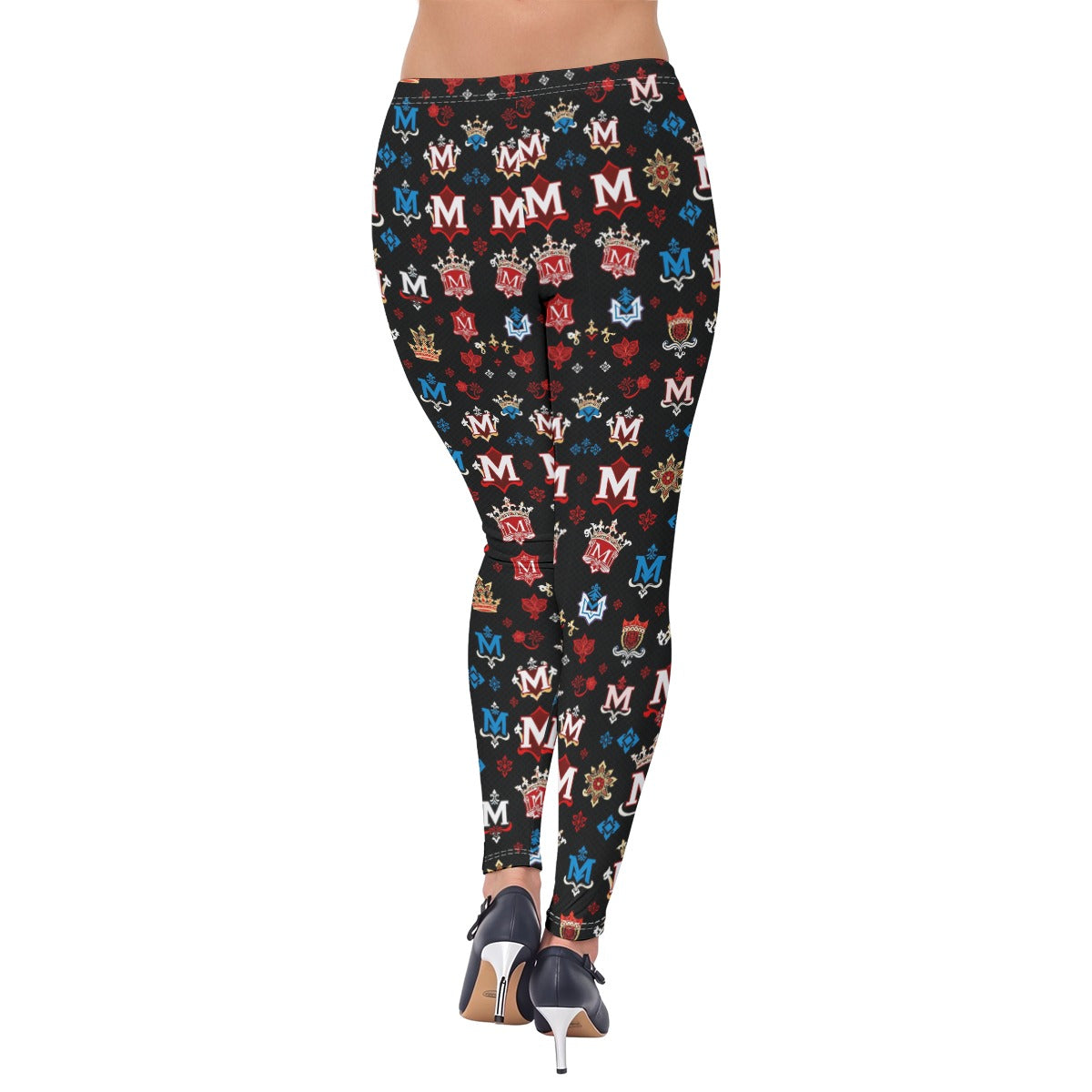 Munsieur luxury streetwear leggings for women with colorful logo and crown pattern on black background