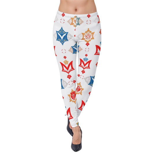 Munsieur luxury streetwear leggings with colorful floral and crown patterns on white background