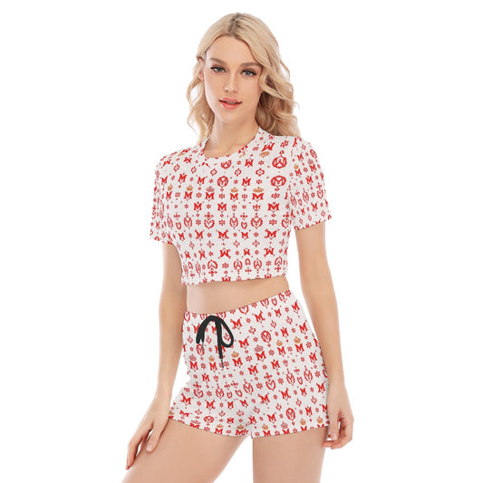 Munsieur white and red luxury streetwear lounge set with printed crop top and drawstring shorts