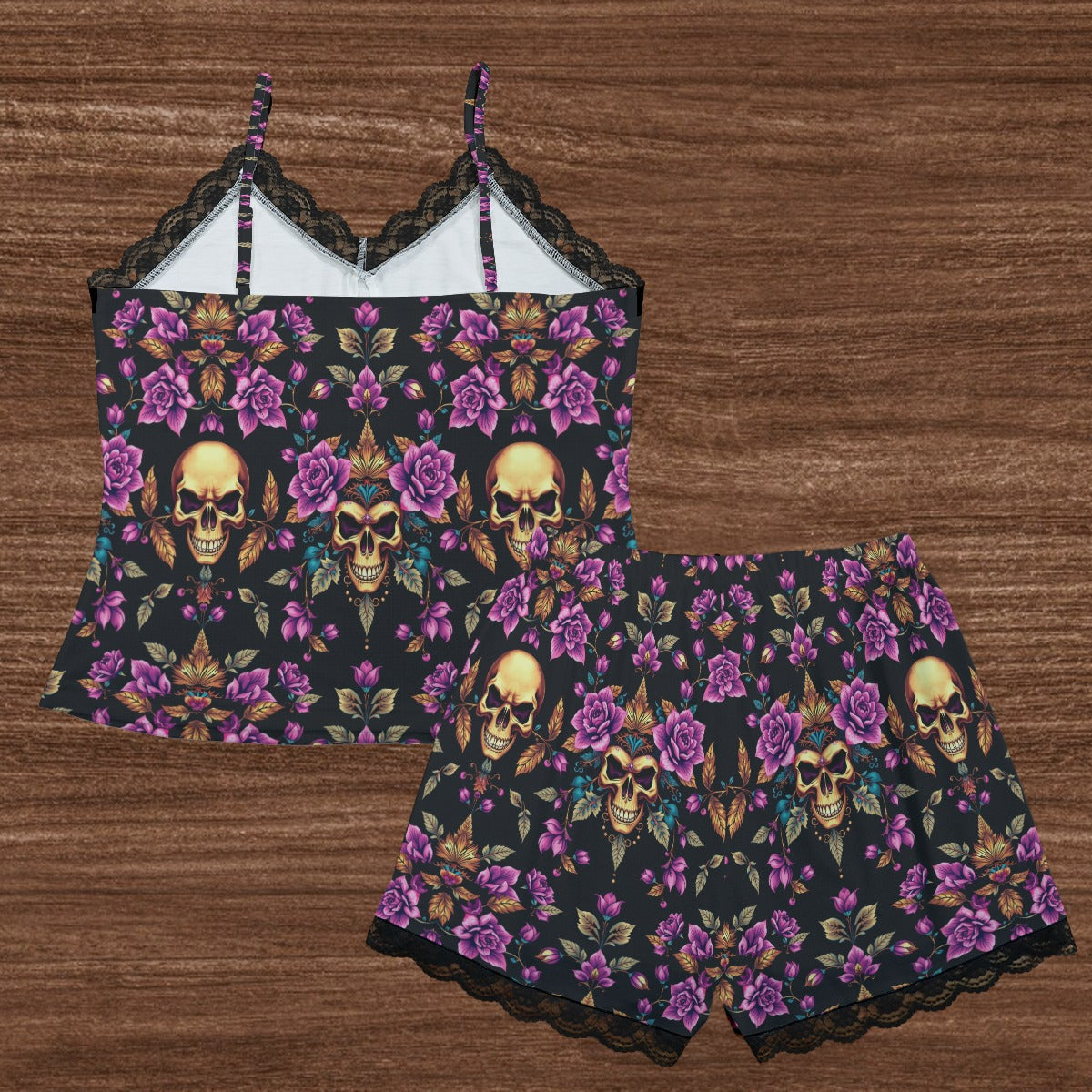Munsieur luxury streetwear loungewear for women with skull and purple rose print camisole and shorts set