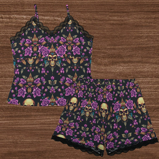Munsieur luxury streetwear loungewear for women featuring black floral skull print camisole and shorts set with lace trim