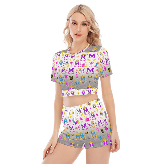 Munsieur luxury streetwear matching set with colorful M logos and crown patterns on crop top and shorts
