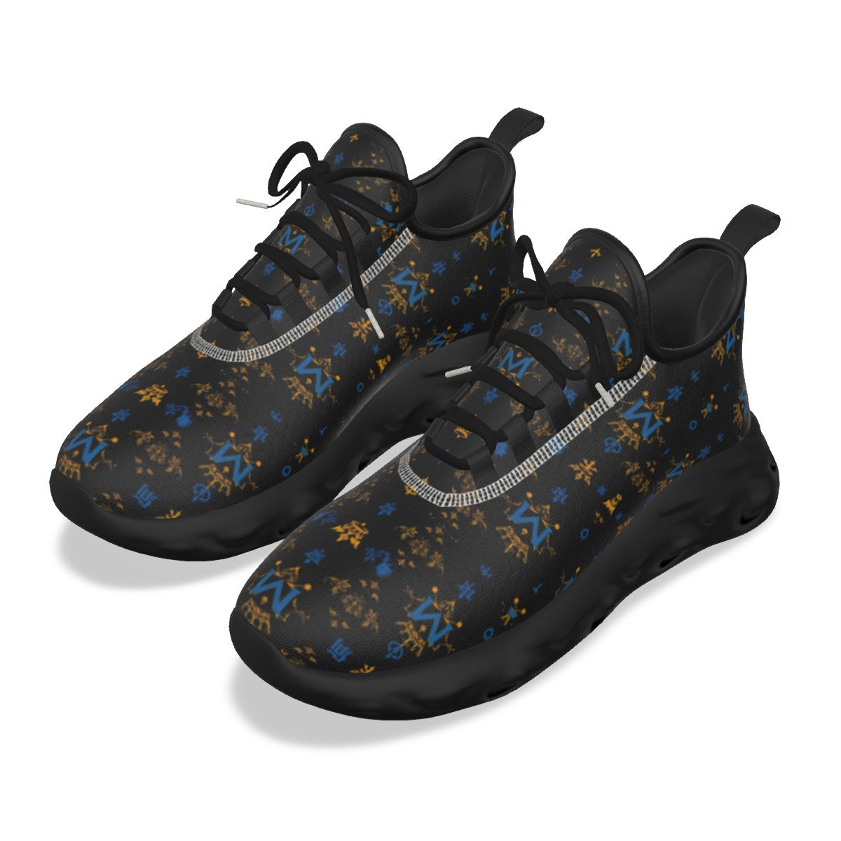 Munsieur luxury streetwear running shoes in black with blue and gold accents and lace-up design