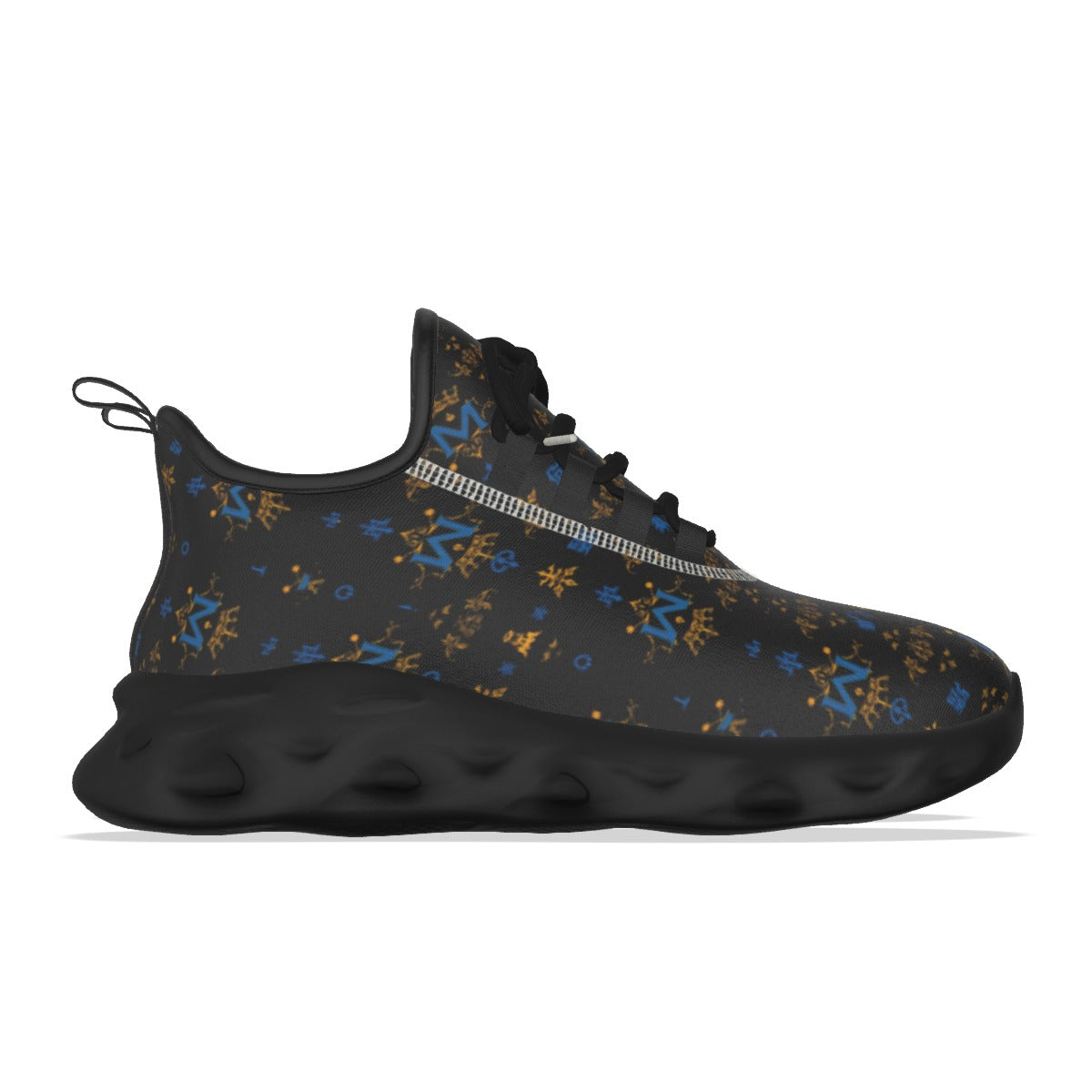 Munsieur luxury streetwear running shoes in black with blue and gold abstract patterns and cushioned sole