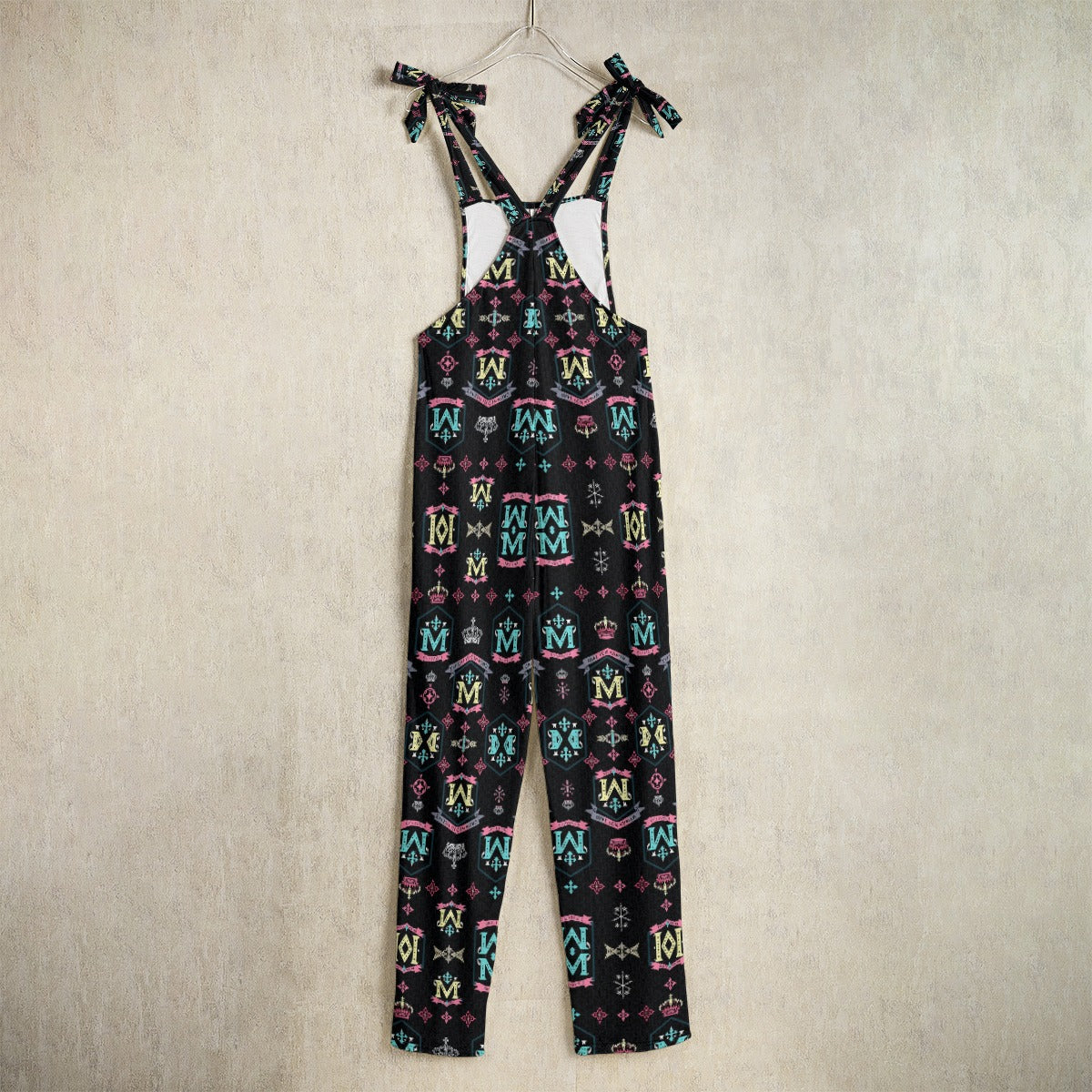 Munsieur luxury urban fashion jumpsuit with colorful patterns and adjustable shoulder ties