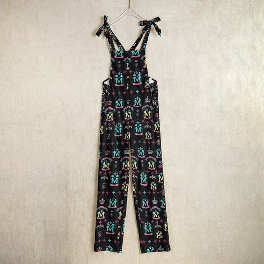Munsieur luxury urban fashion jumpsuit with colorful monogram print and adjustable shoulder ties