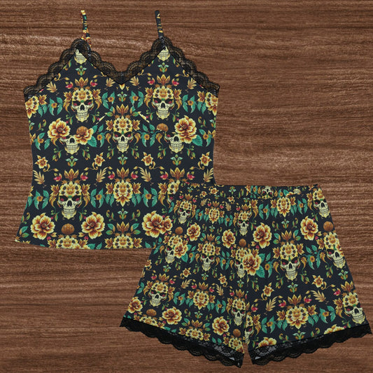 Luxury urban sleepwear set featuring floral and skull print camisole and shorts with lace trim