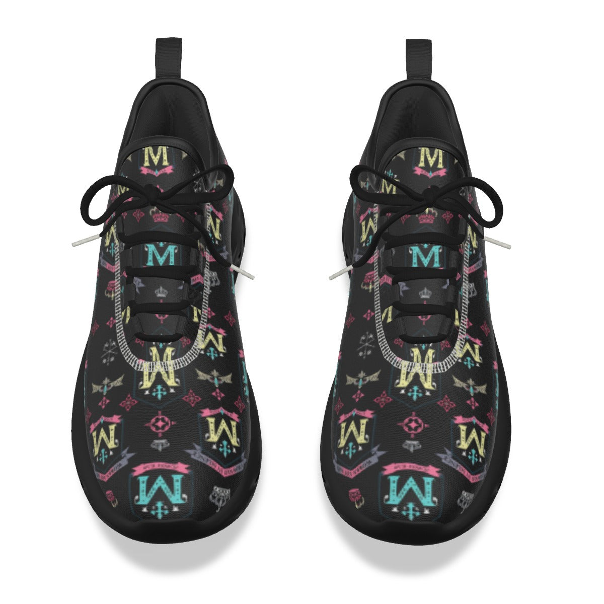 Munsieur men's athletic streetwear shoes in black with colorful patterned logo design and black laces