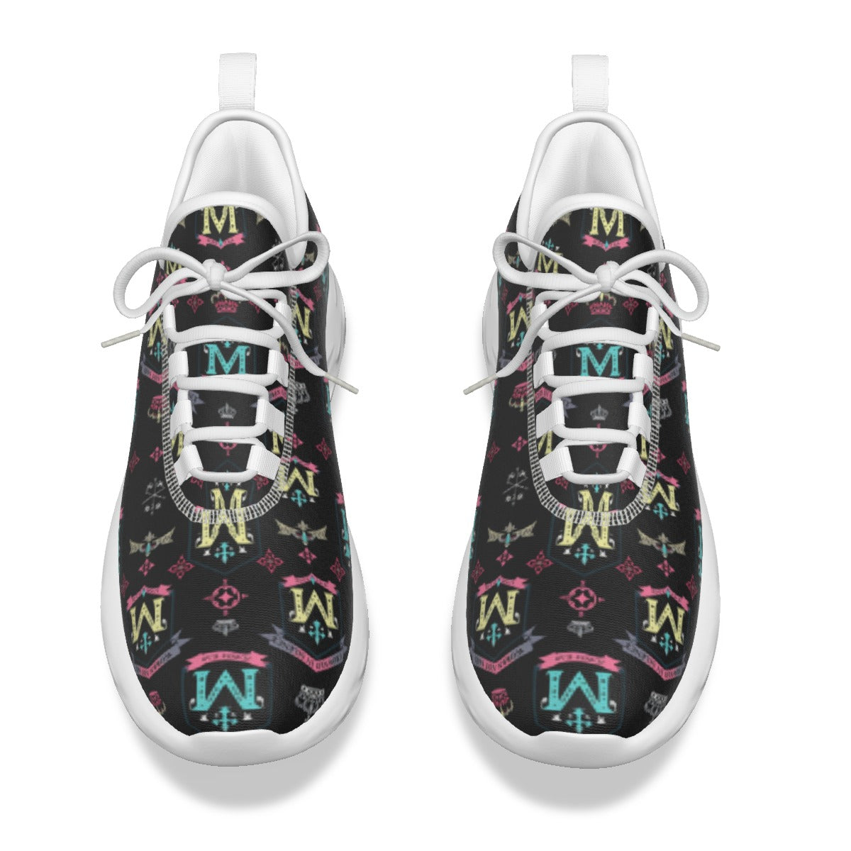 Munsieur men's athletic streetwear shoes with colorful logo pattern on black background and white soles
