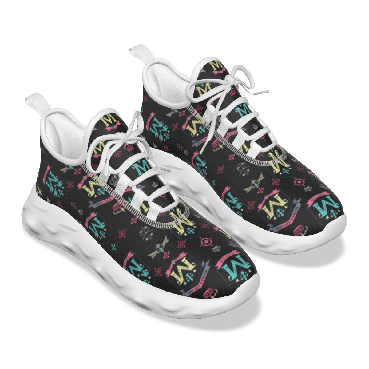 Munsieur men's athletic streetwear shoes with colorful logo pattern and white cushioned soles