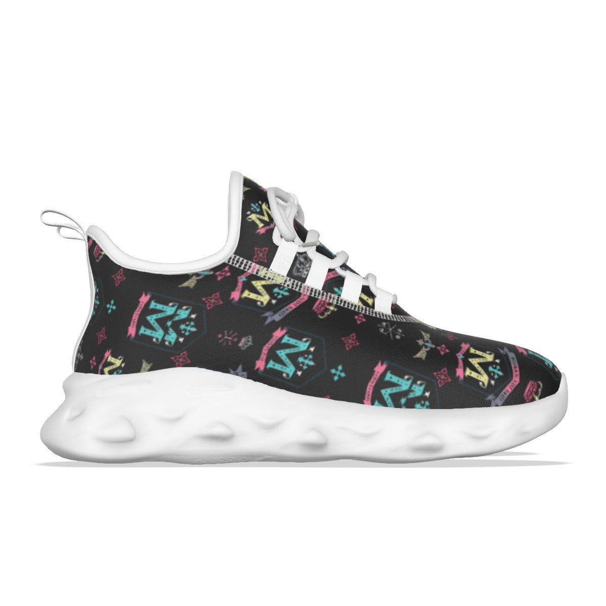 Munsieur men's athletic streetwear shoes in black with colorful graphic patterns and white cushioned sole