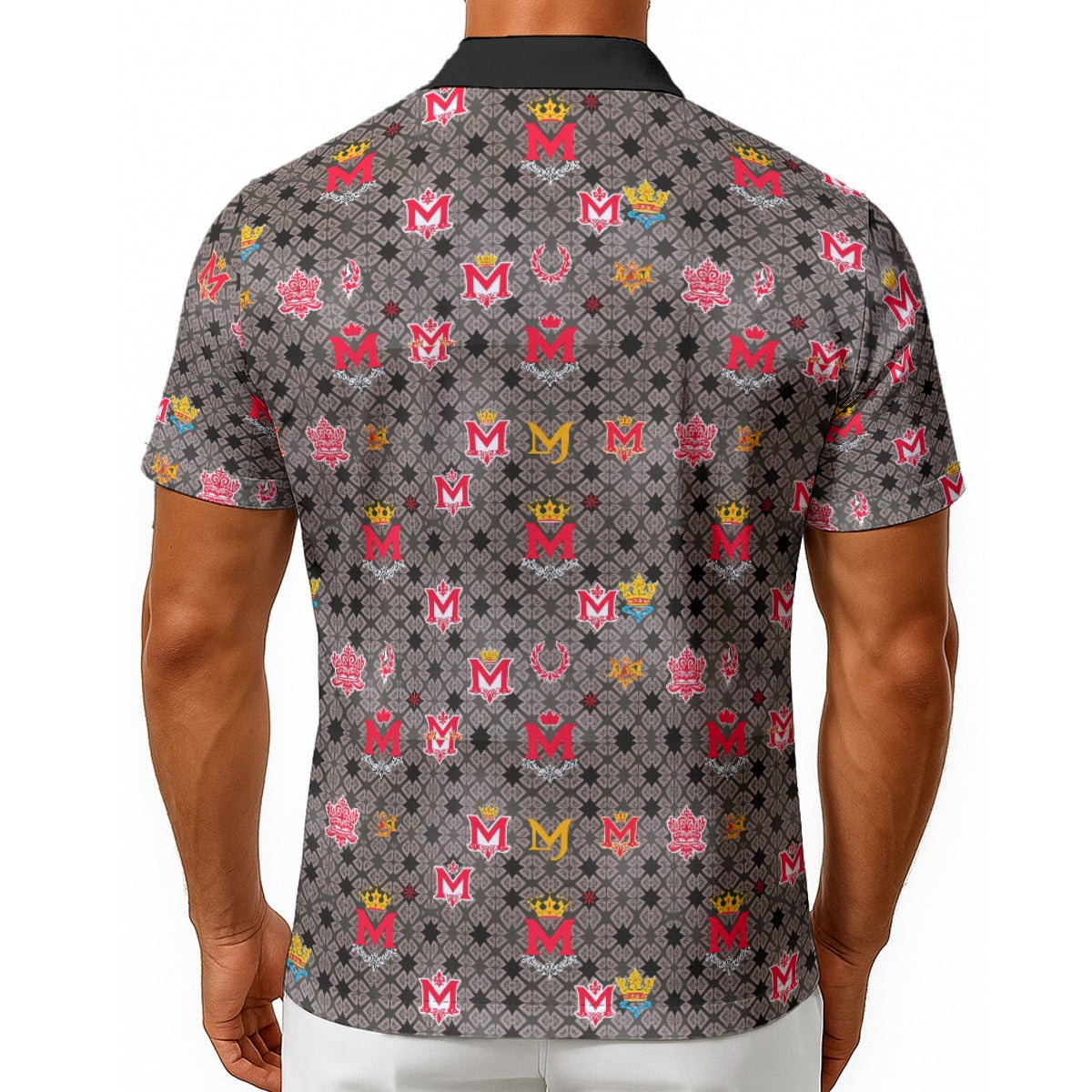 Munsieur men's lightweight Hawaiian shirt with multicolor patterns on gray background shown from back