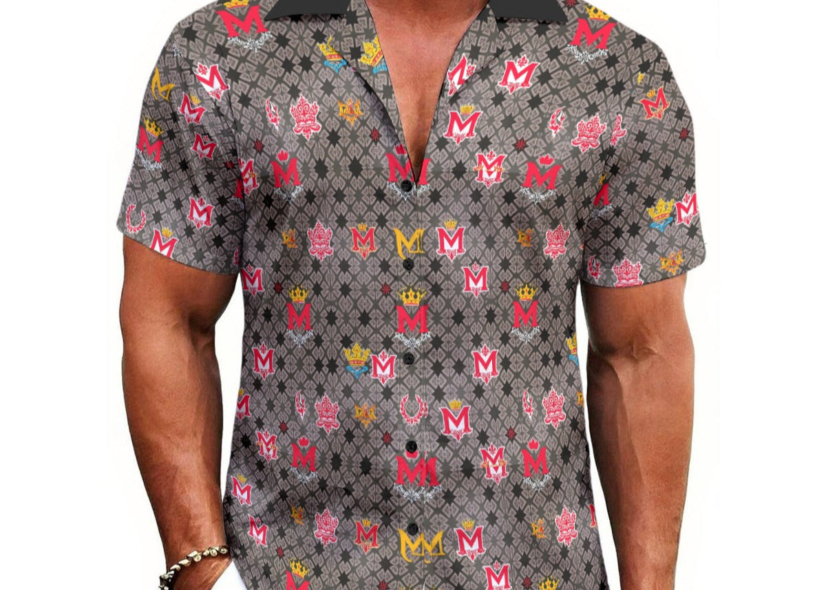 Munsieur men's lightweight Hawaiian shirt with colorful M and floral pattern on gray background