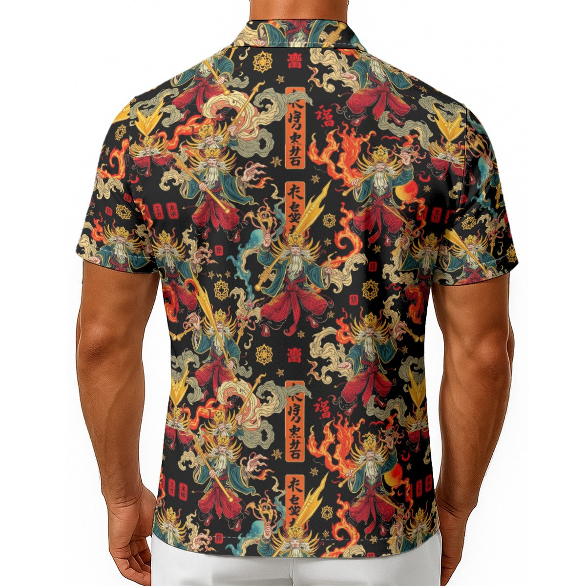 Munsieur men's lightweight Hawaiian tee with colorful Asian-inspired dragon and fire pattern on black background
