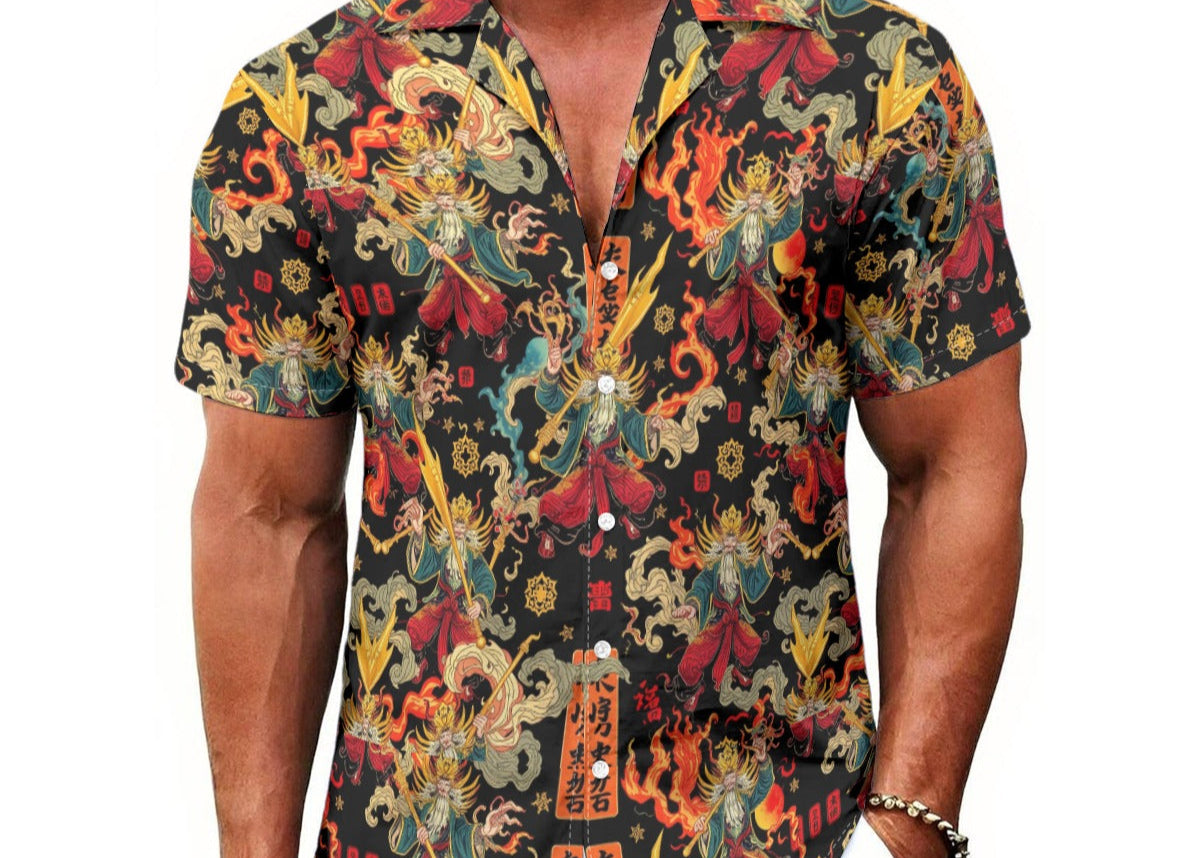 Munsieur men's lightweight Hawaiian tee with colorful dragon and floral print on black fabric