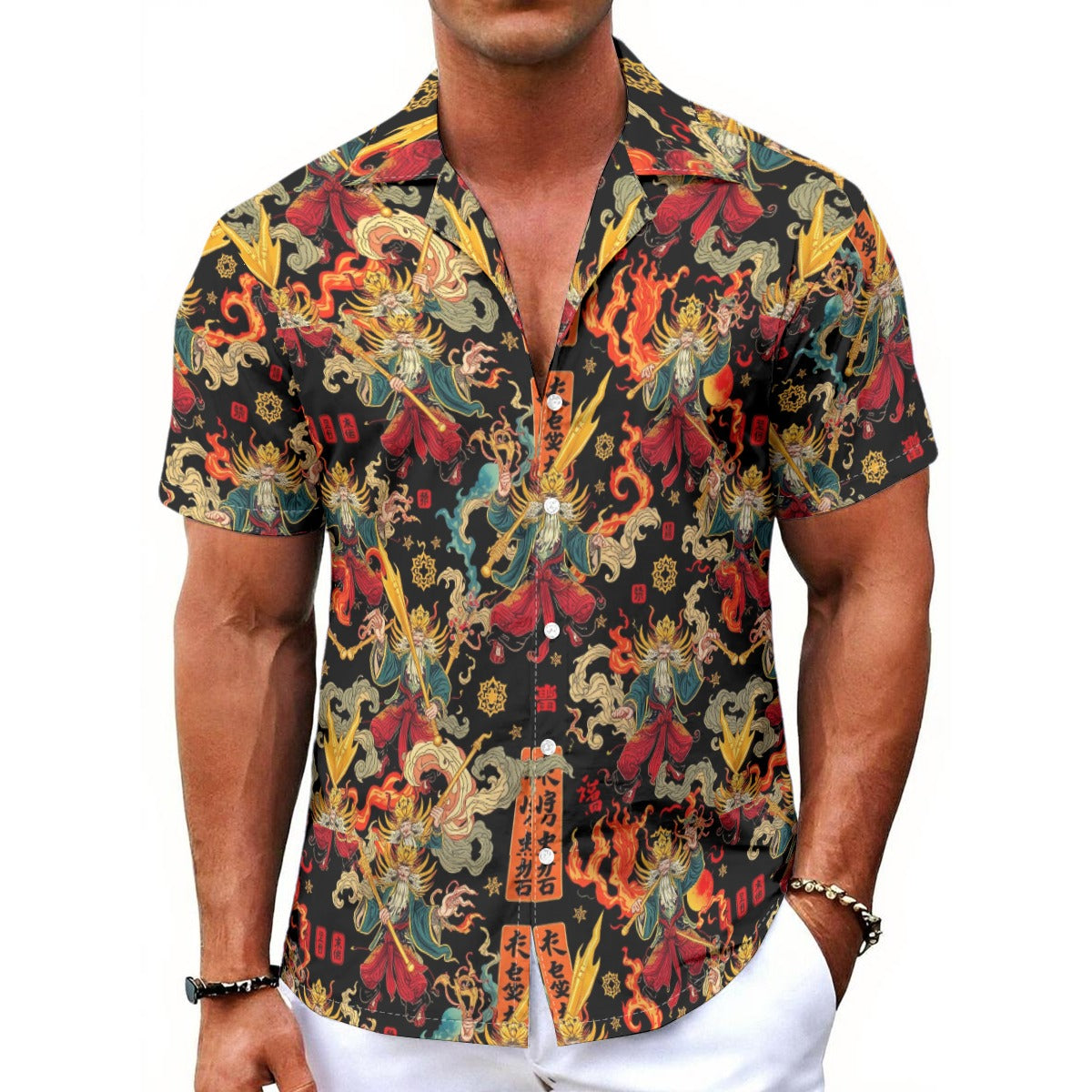 Munsieur men's lightweight Hawaiian tee with vibrant dragon and floral print in black and red